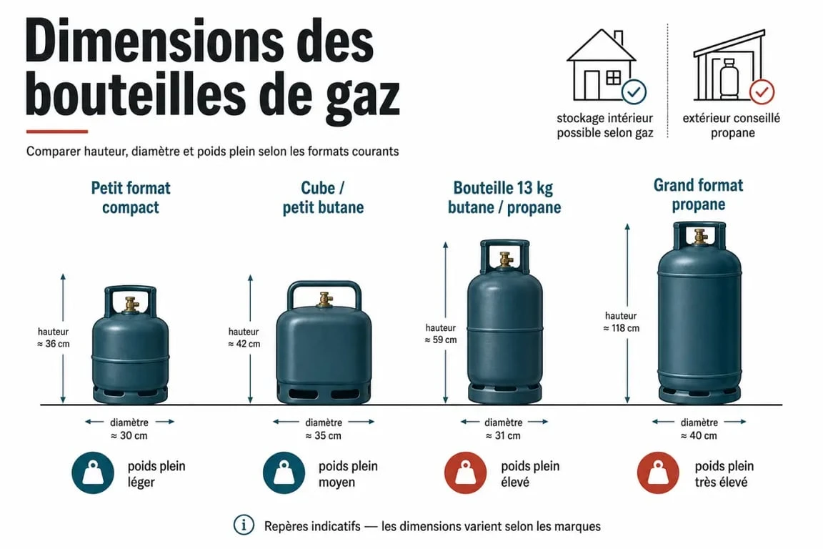Infographie sur la bouteille de gaz dimension avec comparaison des hauteurs, diamètres et poids des formats courants