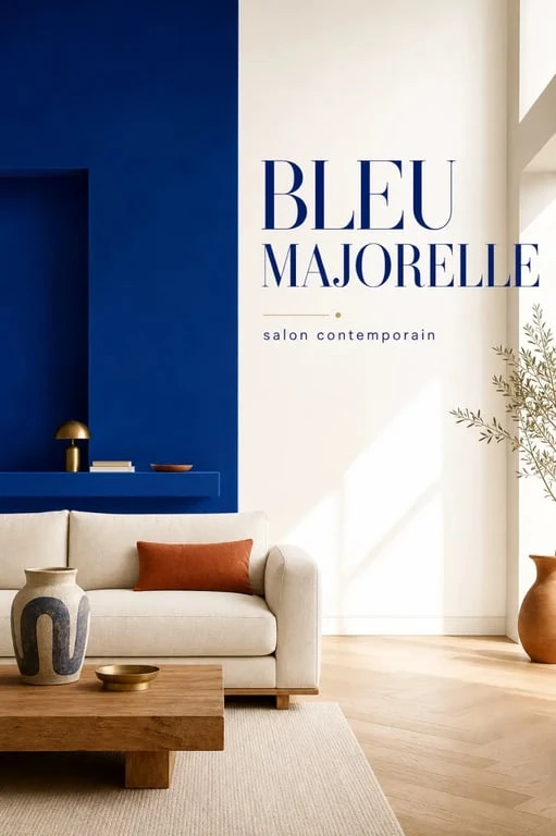 Décoration bleu Majorelle dans un salon contemporain avec mur d’accent et matières naturelles