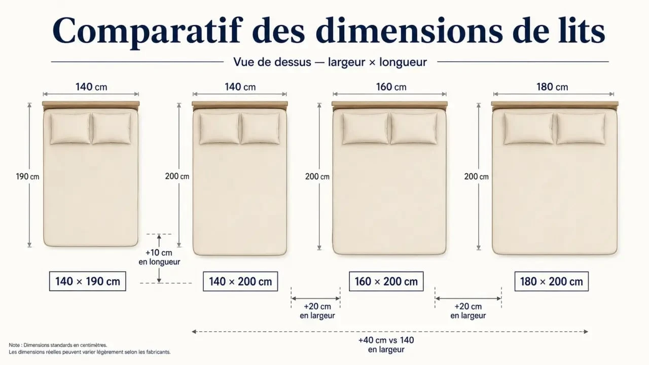 Dimension lit 2 places : comparaison visuelle des formats 140x190, 140x200, 160x200 et 180x200