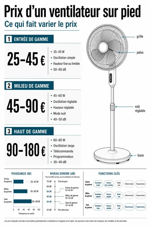 Prix ventilateur sur pied prix : infographie éditoriale des gammes de prix et caractéristiques