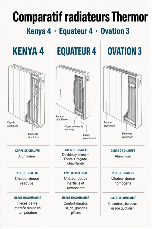 Tableau comparatif des radiateurs connectés Thermor : Kenya 4, Equateur 4 et Ovation 3