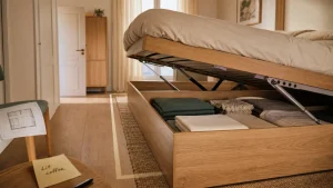 Lit pour petit chambre : lit coffre en bois clair, rangement intégré