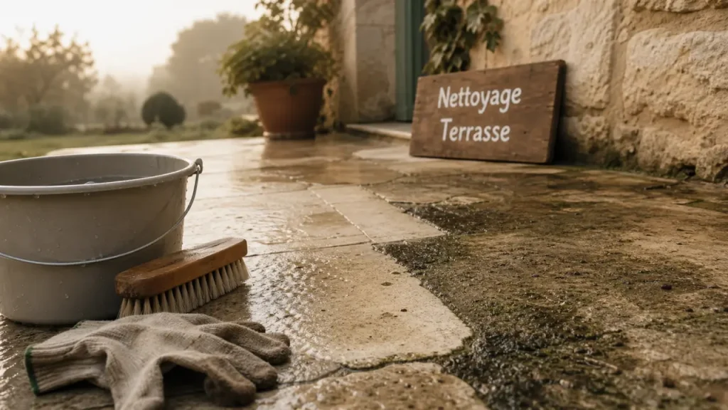 Nettoyage sol exterieur : terrasse en pierre naturelle après nettoyage