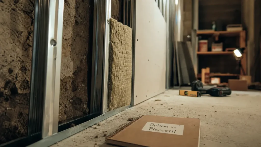 optima placostil : rails, laine minérale et plaque de plâtre sur mur irrégulier