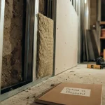 optima placostil : rails, laine minérale et plaque de plâtre sur mur irrégulier