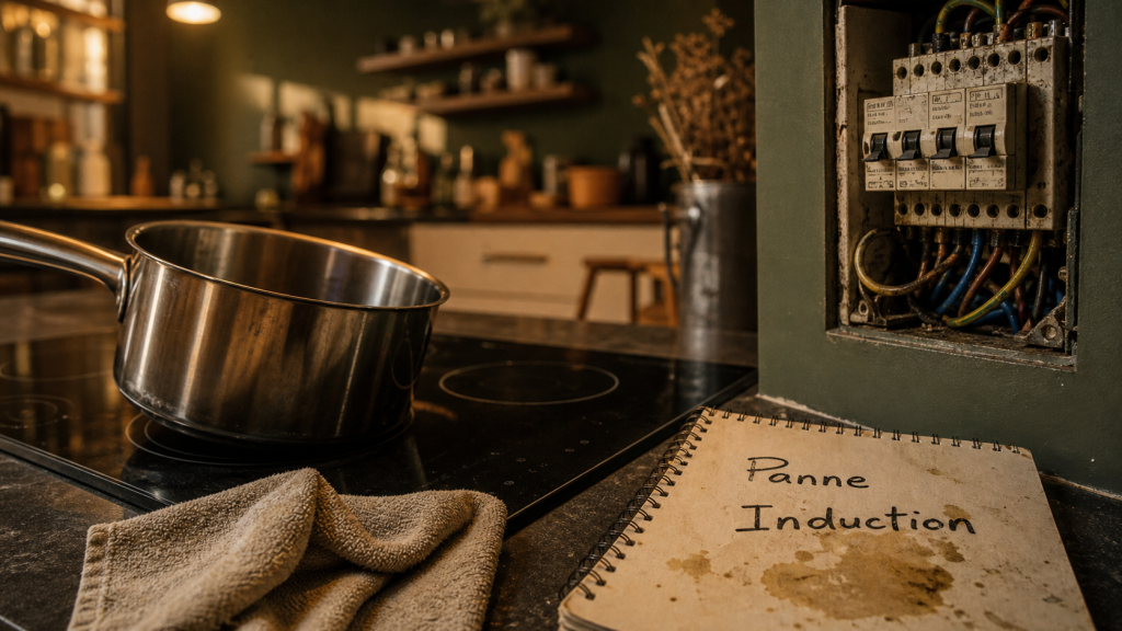 Panne plaque induction : casserole, chiffon et disjoncteur ouvert en cuisine