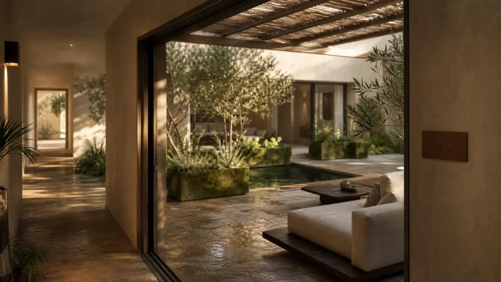 Patio dans maison : patio lumineux et intimiste, pierre, plantes et pergola