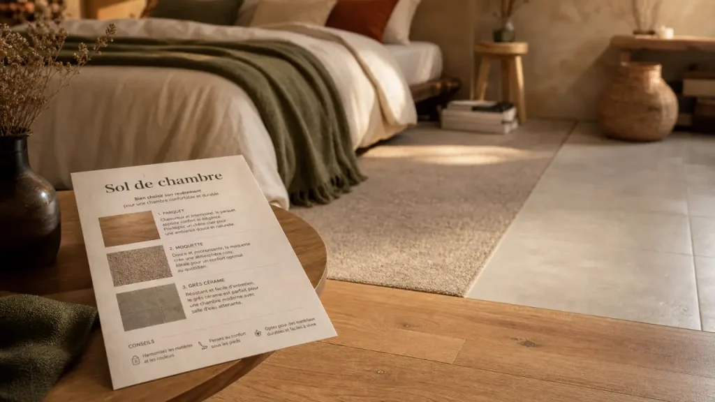 Sol chambre : parquet, moquette et grès cérame
