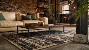 Tapis style industriel pour loft, tapis noir et ivoire, chaleur atelier