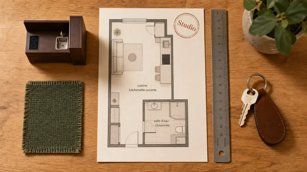 Plan d’un studio pour logement étudiant : cuisine et salle d’eau