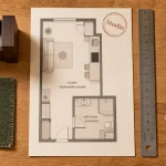 Plan d’un studio pour logement étudiant : cuisine et salle d’eau