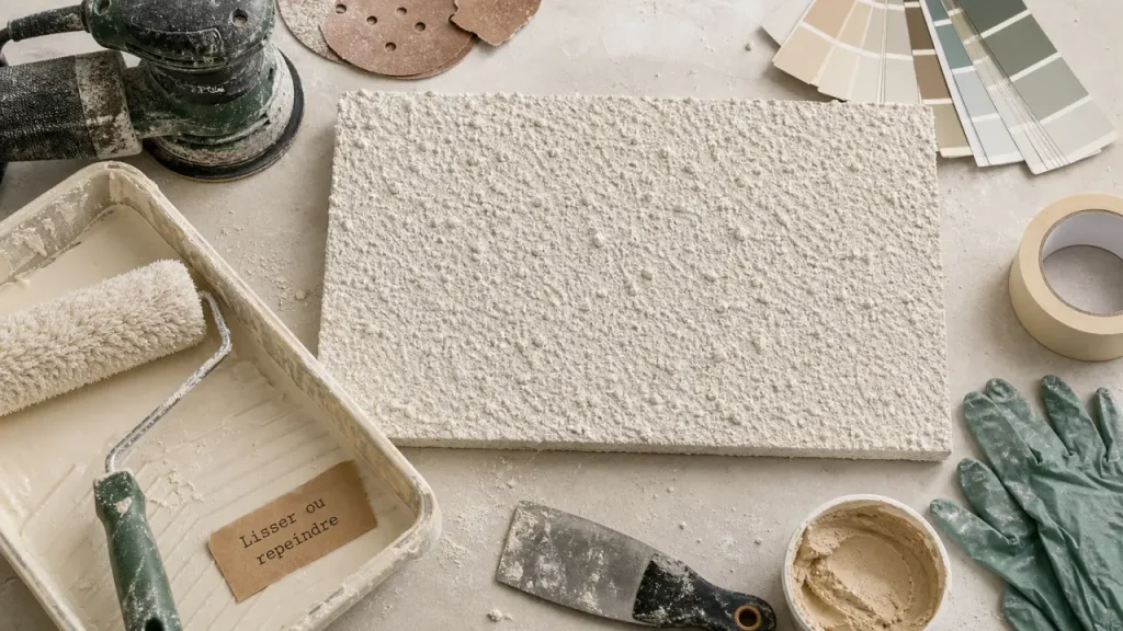 Crepi au plafond : outils de ponçage et lissage avant repeindre
