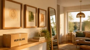 Décorer mur blanc : salon lumineux avec cadres, étagère et miroir