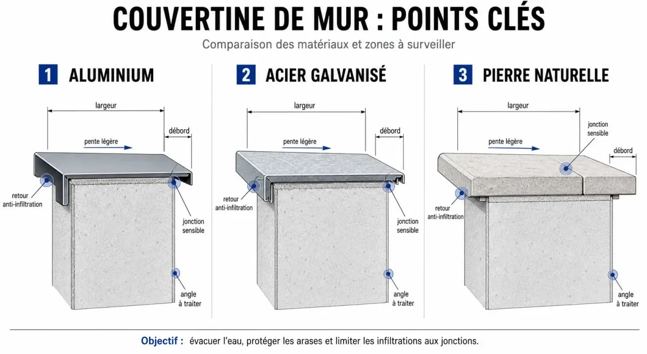 Couvertine mur : comparaison visuelle des matériaux, largeurs et retours anti-infiltration