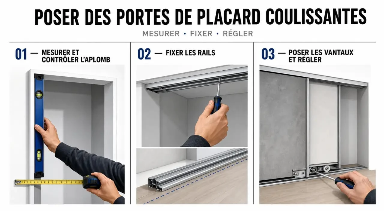 Poser une porte de placard coulissante : étapes de mesure, pose des rails et réglage des vantaux