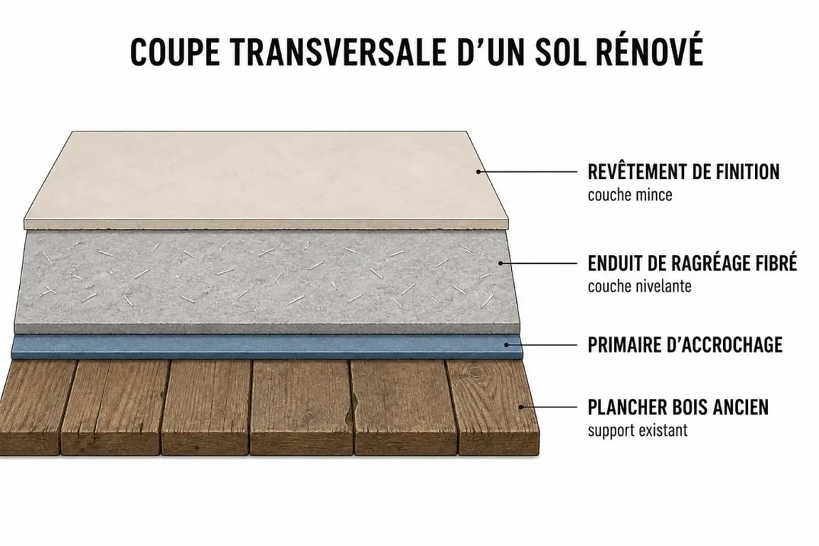 Schéma technique des couches pour un ragréage sur plancher bois