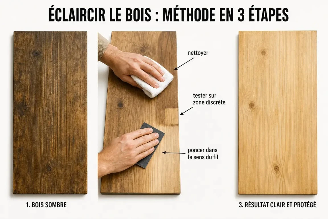 Éclaircir le bois : étapes visuelles de nettoyage, test et protection avec avant/après