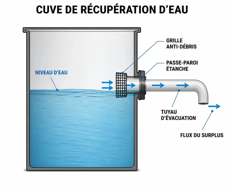 Trop plein de cuve 1000L avec passe-paroi et tuyau d’évacuation