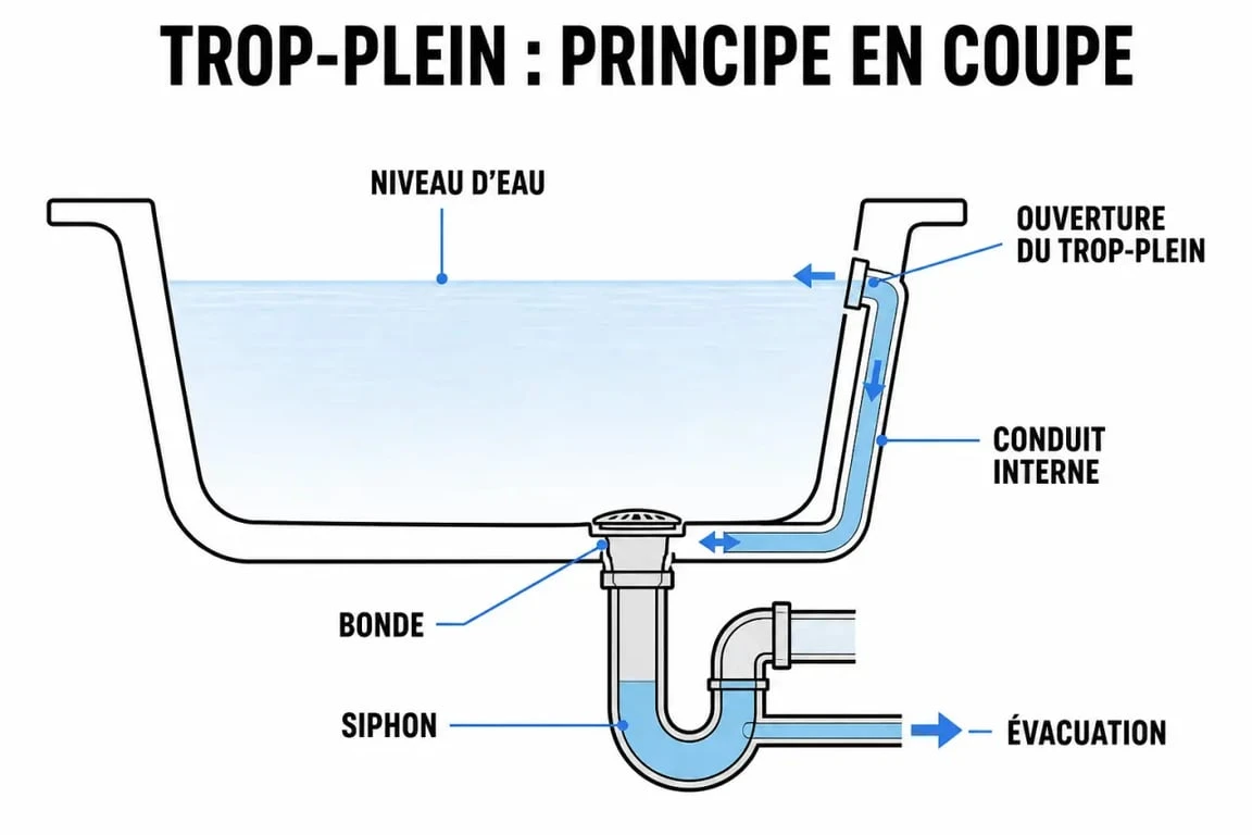 Trop plein d’une baignoire relié à la bonde et au siphon
