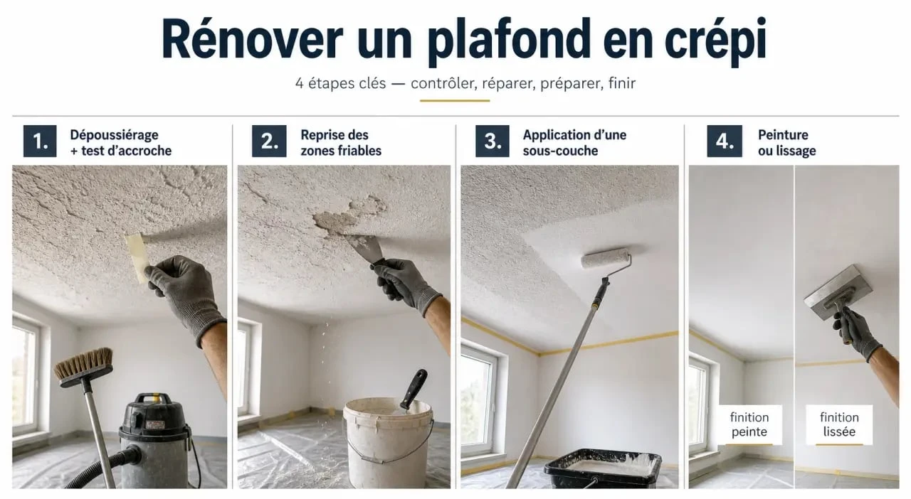 Crépi au plafond : étapes de préparation et de rénovation avant peinture ou lissage