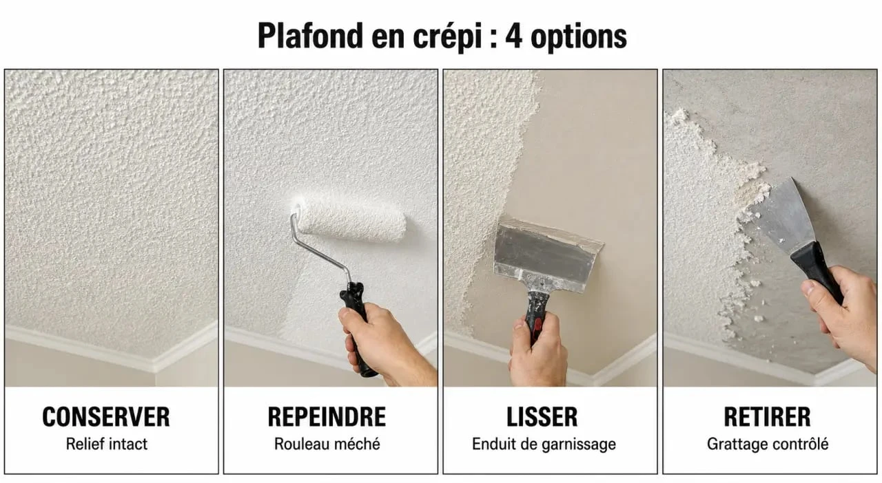 Crépi au plafond : quatre solutions visuelles pour décider entre conserver, repeindre, lisser ou retirer