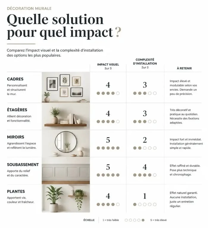 Infographie comparative des solutions pour décorer un mur blanc avec style