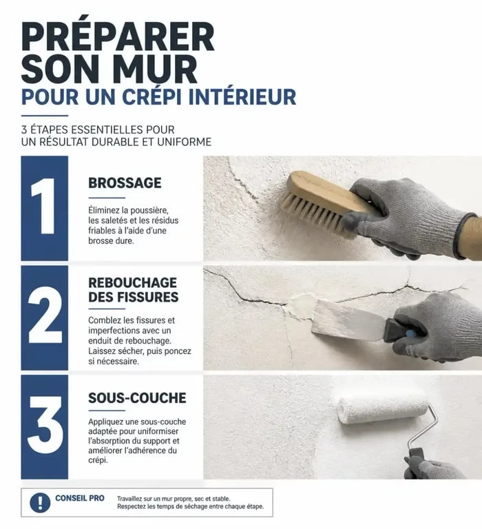 Étapes de préparation d'un mur en crépi intérieur avant peinture