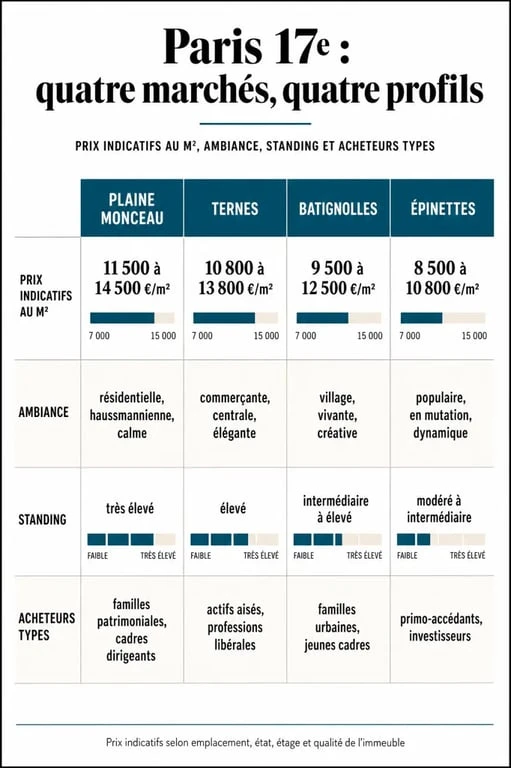 Infographie chasseur immobilier paris 17 avec comparaison des quartiers, prix au m² et profils d’acheteur