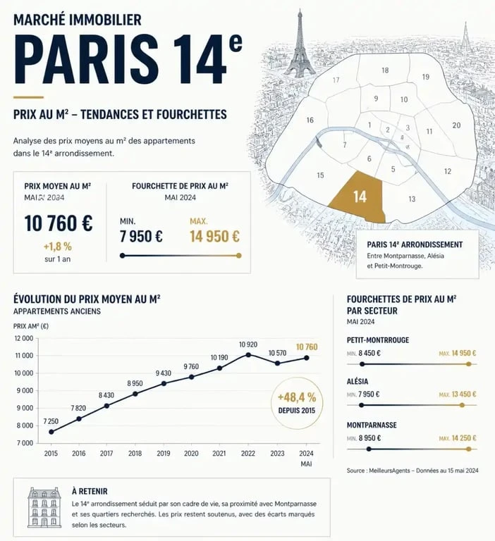 Graphique des prix de l'immobilier dans le 14e arrondissement pour un chasseur immobilier paris 14