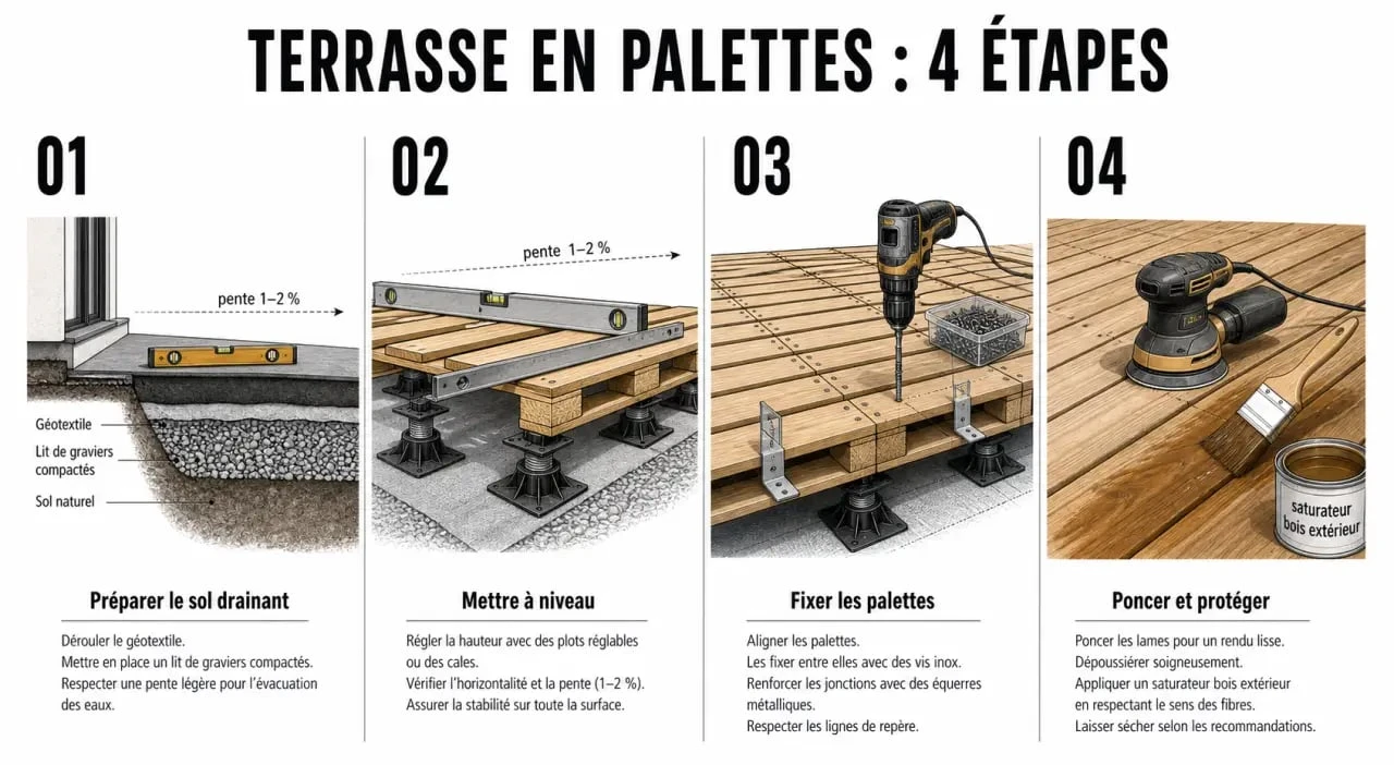 Palette pour terrasse : étapes de montage et de préparation du sol