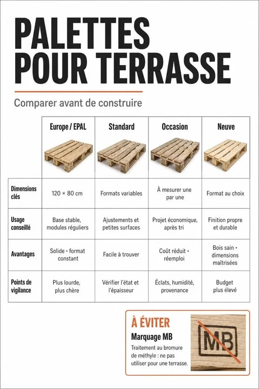 Palette pour terrasse : comparaison visuelle des types de palettes et marquage MB