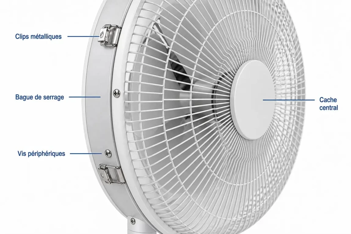 Comment demonter un ventilateur sur pied : repérer les clips, la bague et les vis avant d’ouvrir la grille