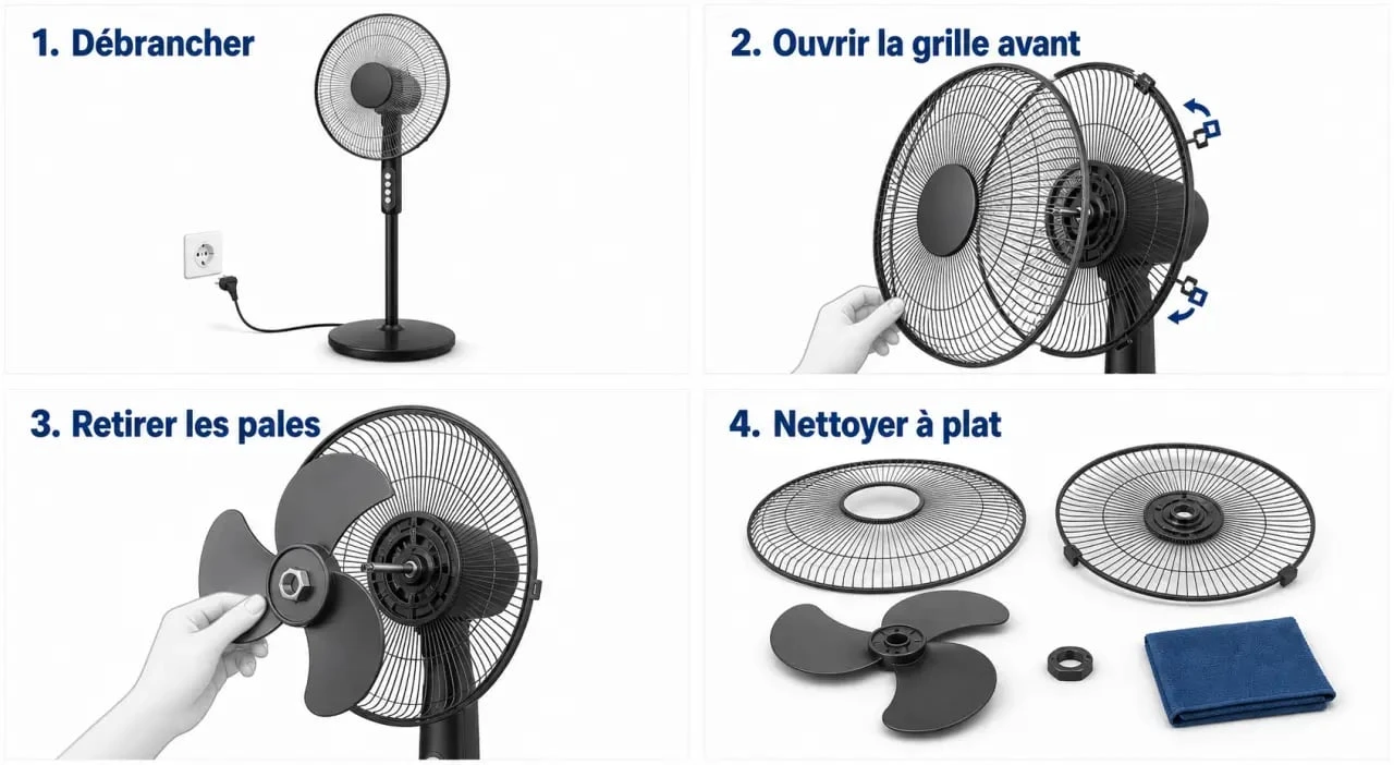 Comment demonter un ventilateur sur pied étape par étape, avec grille, pales et nettoyage des pièces