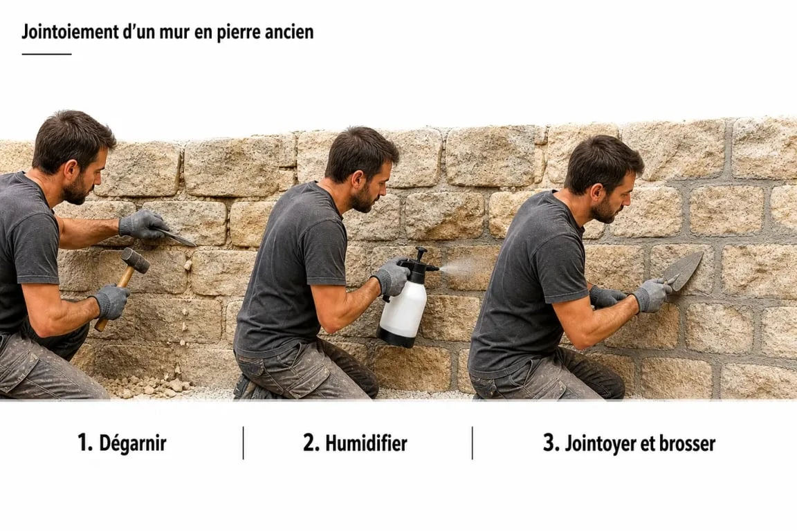 Jointage mur en pierre : artisan appliquant un mortier à la chaux sur un mur ancien