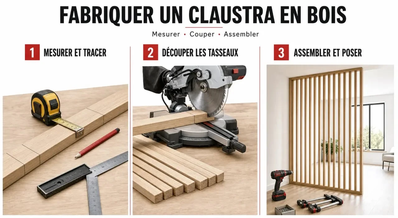 Fabriquer claustra bois : illustration de tutoriel montrant la découpe, l’assemblage et la pose d’un claustra en bois