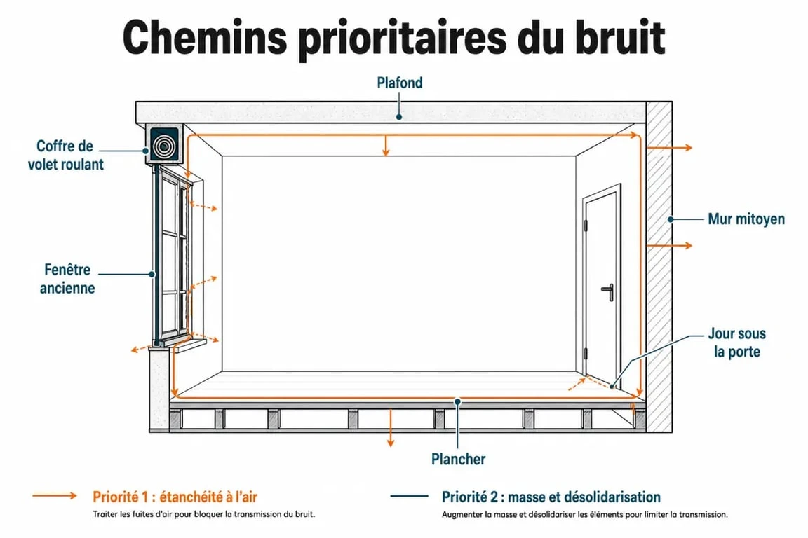 Isolation phonique pour chambre : schéma des principales sources de bruit et des points faibles à traiter