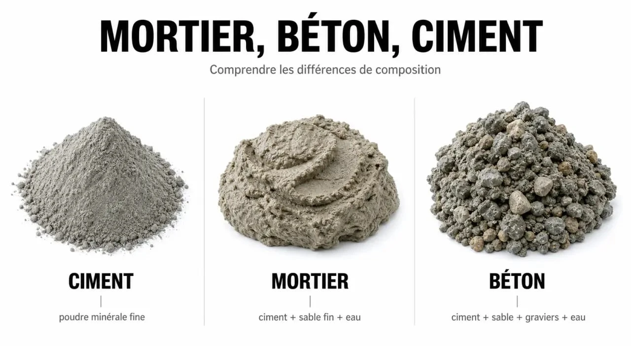 Mortier beton comparé au ciment et au béton dans une composition éditoriale claire