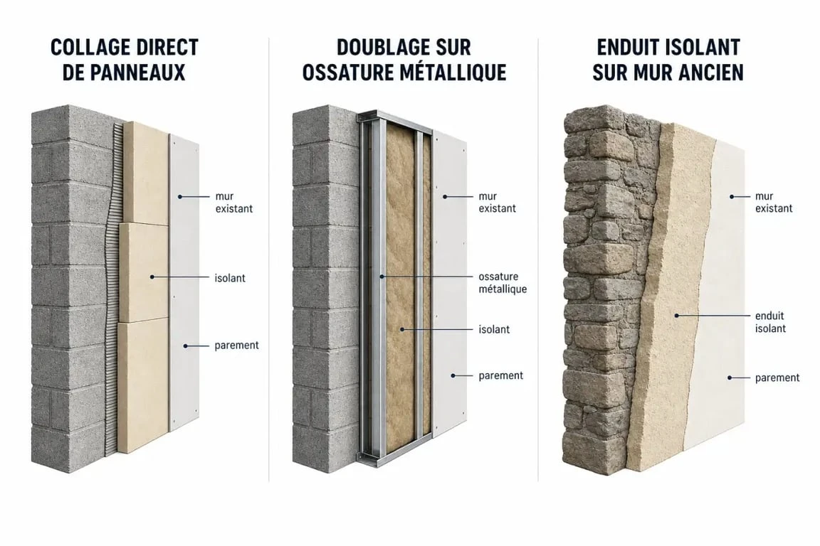Isolation par l'intérieur : coupe technique comparant collage direct, ossature métallique et enduit isolant