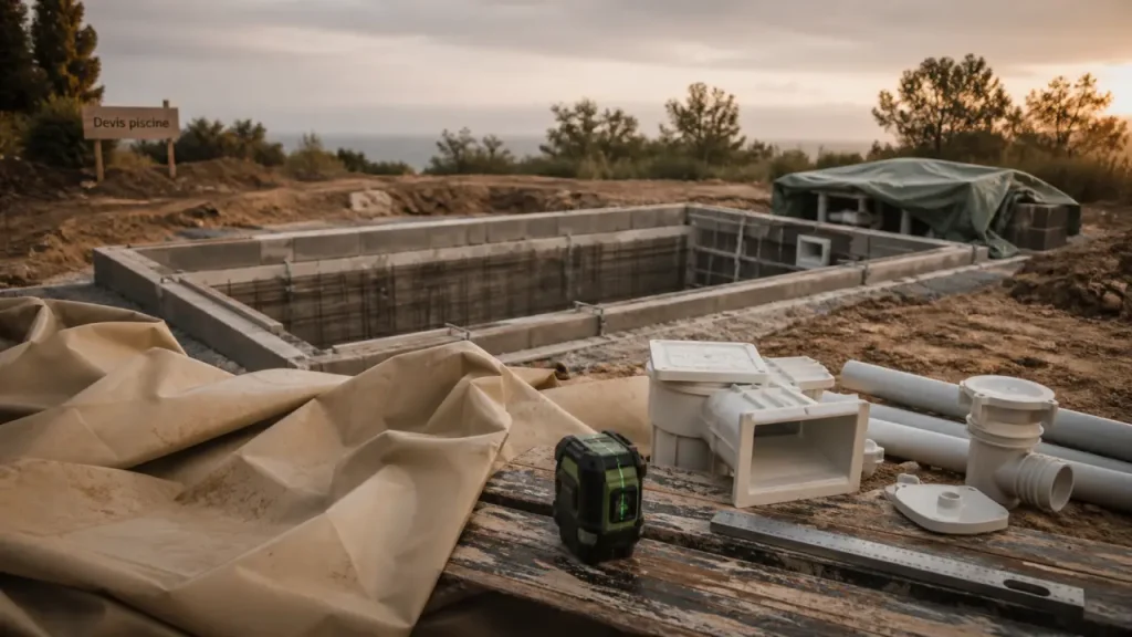 Fabrication d une piscine : bâche PVC beige et fosse en chantier