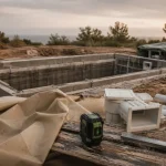 Fabrication d une piscine : bâche PVC beige et fosse en chantier