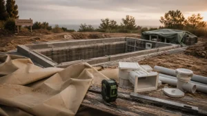 Fabrication d une piscine : bâche PVC beige et fosse en chantier