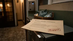 Note aux locataires respect des parties communes dans le hall, lettre sur boîte aux lettres