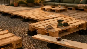palette pour terrasse sur plots, palettes Europe à recadrer, bois poncé