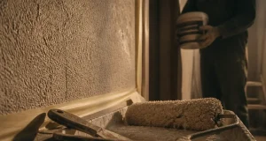 Peinture pour crepis interieur : rouleau et primaire sur mur en crépi intérieur