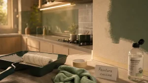 Peinture pour la cuisine : mur satin, rouleau et ruban de masquage