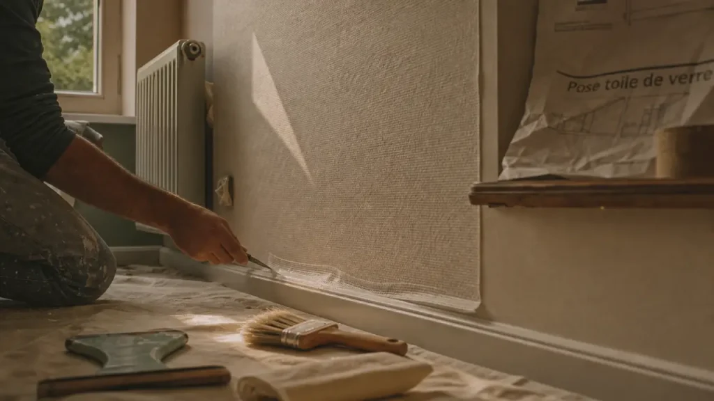 Pose toile de verre murale : bulles et raccords nets
