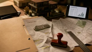 Prix d un expert immobilier : dossier expertise sur table et plan cadastral