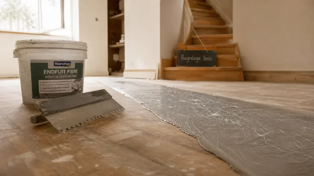 Ragréage sur plancher en bois : enduit fibré frais sur parquet