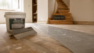 Ragréage sur plancher en bois : enduit fibré frais sur parquet