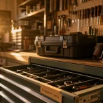 Rangement outil : servante sur roulettes, panneau perforé et boîte à outils en atelier